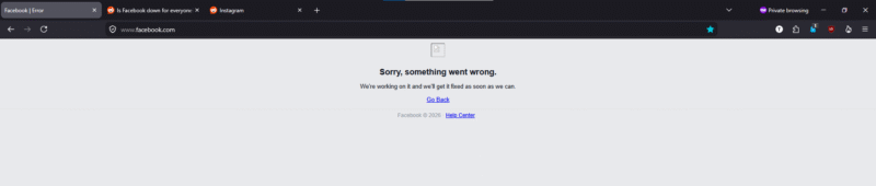  "Sorry, something went wrong. We're working on it and we'll get it fixed as soon as we can." The page offers "Go Back" and "Help Center" links.