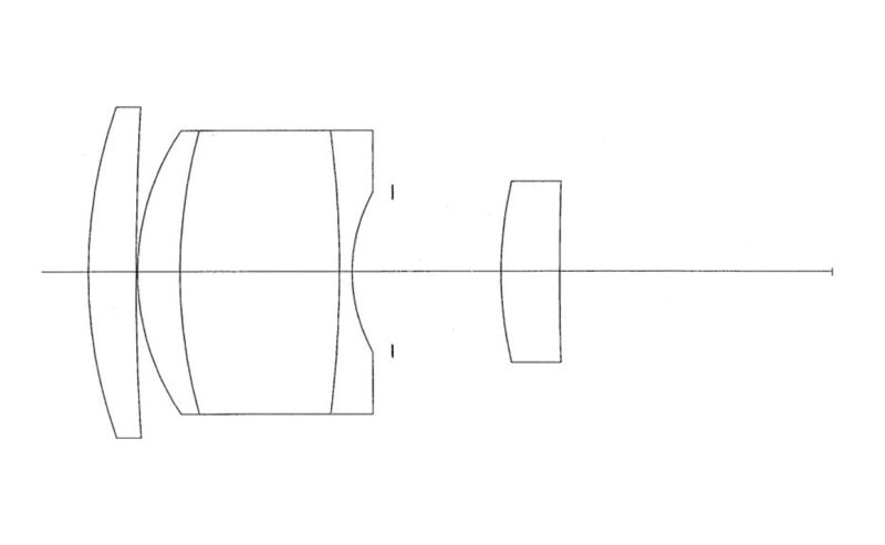 A simple technical diagram showing the cross-section of a lens assembly with three lens elements aligned horizontally along an optical axis.