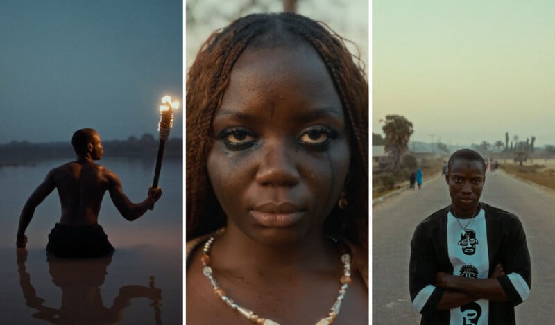 A triptych image: left, a person stands waist-deep in water holding a burning torch; center, a close-up of a woman with smeared eye makeup and beads; right, a person in patterned clothing stands on a road.