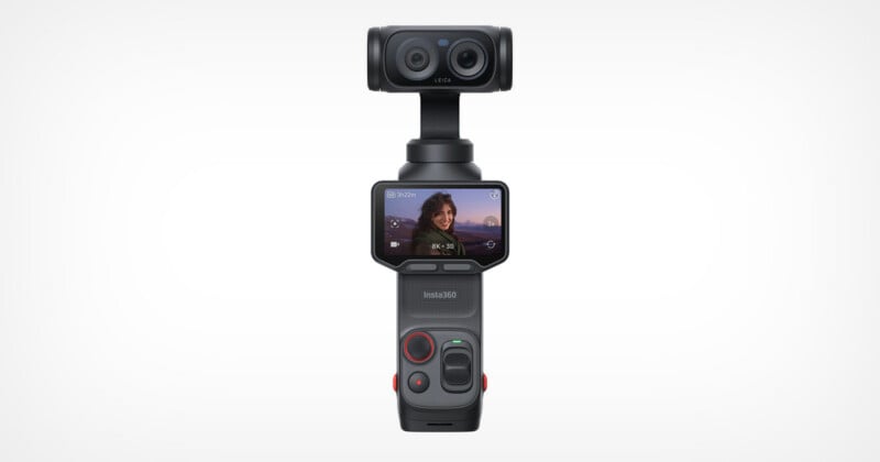 A handheld Insta360 camera with a dual-lens system on top, featuring a touchscreen display showing a woman outdoors, and various control buttons on the handle. The background is plain white.