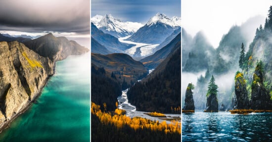 A collage of three landscapes: a rugged coastline with turquoise water, a river winding through autumn forests and snowy mountains, and misty forested rock formations rising from blue-green water.