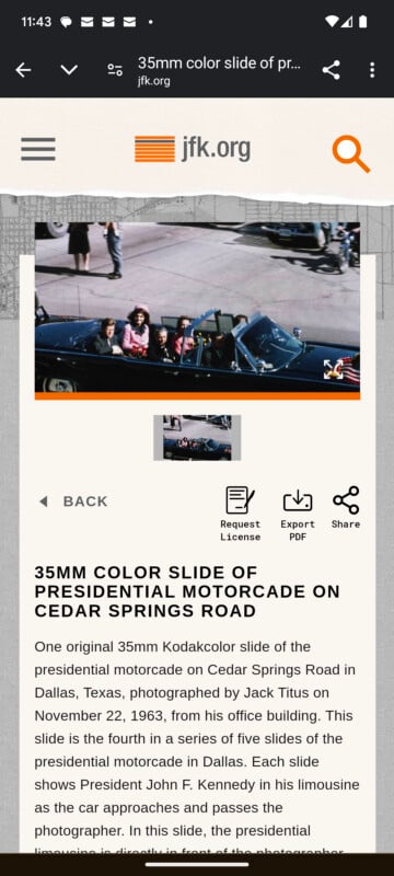 A website page displays a color photo of President John F. Kennedy in a motorcade, riding in a limousine. The page title and text describe the 1963 Dallas event, with options to request, export, or share the image.