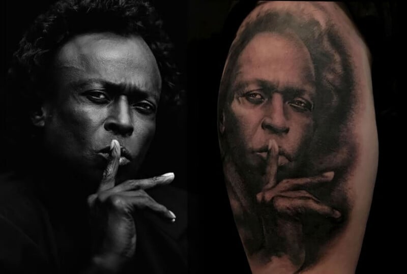 A black and white photo of a person holding a finger to their lips is shown on the left, next to a tattoo of the same image on someone’s arm on the right. Both images have similar lighting and expressions.