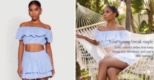 A woman models a light blue, off-the-shoulder crop top with a matching ruffled mini skirt. On the left, she stands against a plain background; on the right, she sits on a hammock outdoors with spring-themed text overlay.