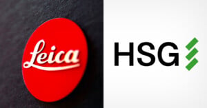 A red Leica logo on the left side and the HSG logo with two green slashes on the right side, both on contrasting backgrounds.
