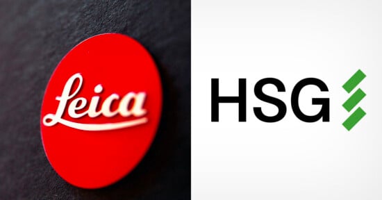 A red Leica logo on the left side and the HSG logo with two green slashes on the right side, both on contrasting backgrounds.