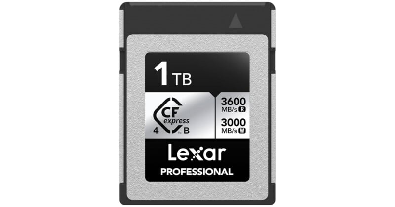 A Lexar Professional CFexpress memory card with 1TB capacity, labeled with read speed of 3600 MB/s and write speed of 3000 MB/s. The card is silver and black with a bold "CFexpress" logo.
