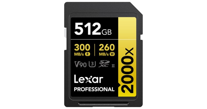 A Lexar Professional 2000x SD card with 512GB capacity, featuring read speeds up to 300 MB/s, write speeds up to 260 MB/s, and V90, UHS-II, U3, and SDXC support.