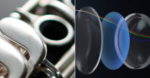 Close-up of a shiny metal flute on the left, and a digital illustration of curved camera lens elements with colored light paths on the right.