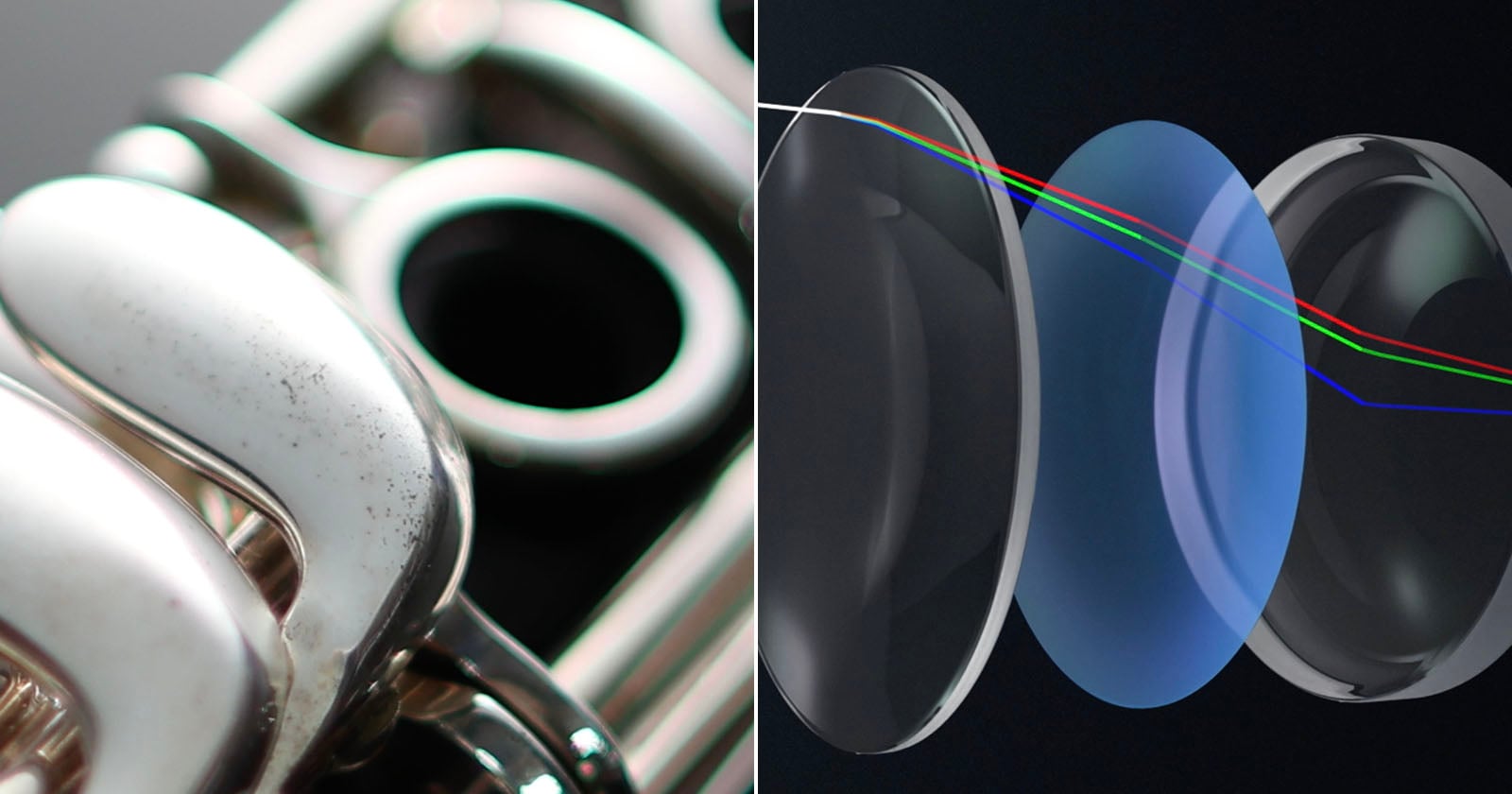 Close-up of a shiny metal flute on the left, and a digital illustration of curved camera lens elements with colored light paths on the right.