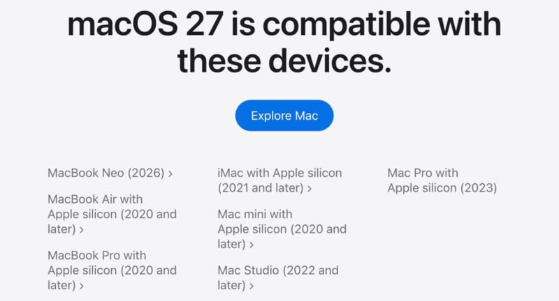 A list of devices compatible with macOS 27, including MacBook Neo (2026), MacBook Air and Pro with Apple silicon, iMac (2021+), Mac mini, Mac Studio (2022+), and Mac Pro (2023). "Explore Mac" button is centered.