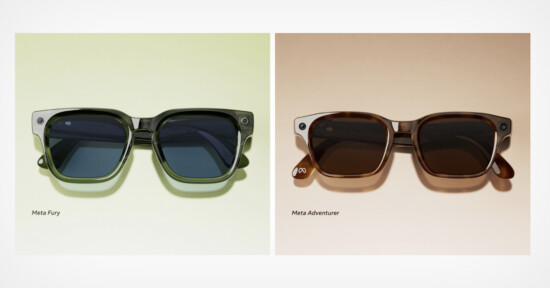 Two pairs of smart sunglasses are displayed side by side on light backgrounds. The left pair (Meta Fury) is green with blue lenses, and the right pair (Meta Adventurer) is brown with brown lenses. Each has a small camera on the corner.