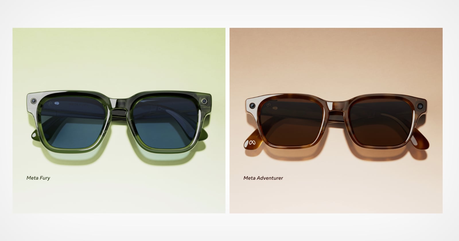 Two pairs of smart sunglasses are displayed side by side on light backgrounds. The left pair (Meta Fury) is green with blue lenses, and the right pair (Meta Adventurer) is brown with brown lenses. Each has a small camera on the corner.