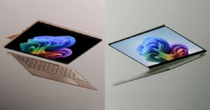 Two slim laptops with colorful abstract designs on their screens are floating against a simple background, side by side and angled to show keyboards and screens. The left laptop is rose gold and the right one is silver.