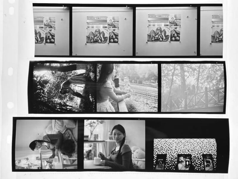  the top row shows close-up images of strawberries, the middle row shows outdoor scenes with a woman by a railing, and the bottom row features a woman indoors with a cup and decorative objects.