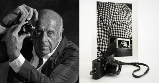 Black-and-white photo showing an older man holding a camera to his eye on the left, and on the right, a camera in front of a photo of a person in a checkered shirt with a photo tucked into their waistband.
