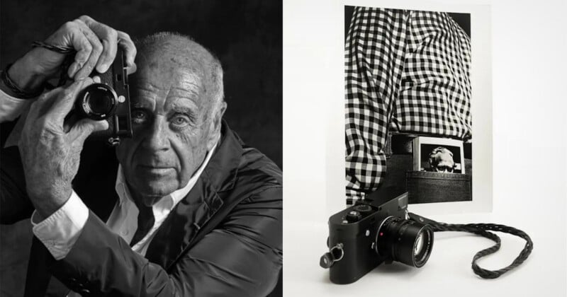 Black-and-white photo showing an older man holding a camera to his eye on the left, and on the right, a camera in front of a photo of a person in a checkered shirt with a photo tucked into their waistband.
