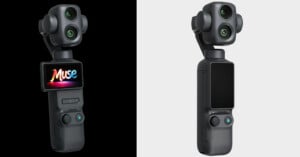 Two handheld gimbal cameras are shown side by side; the left one has a display screen showing the word "Muse" in colorful text, while the right one has a blank screen. Both have dual lenses and similar button layouts.