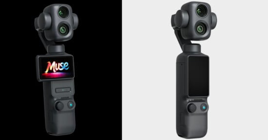 Two handheld gimbal cameras are shown side by side; the left one has a display screen showing the word "Muse" in colorful text, while the right one has a blank screen. Both have dual lenses and similar button layouts.