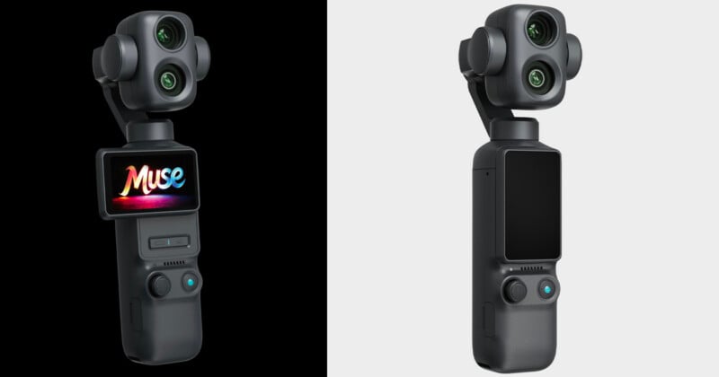 Two handheld gimbal cameras are shown side by side; the left one has a display screen showing the word "Muse" in colorful text, while the right one has a blank screen. Both have dual lenses and similar button layouts.