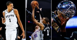 A three-panel image: Left, a Spurs player in jersey number 1 smiles on court; center, the same player blocks a Knicks player’s shot; right, a large, shiny silver basketball trophy is held up by a hand.