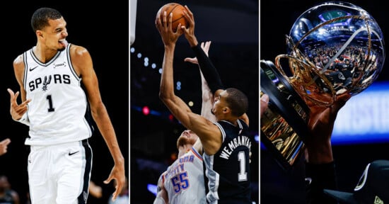 A three-panel image: Left, a Spurs player in jersey number 1 smiles on court; center, the same player blocks a Knicks player’s shot; right, a large, shiny silver basketball trophy is held up by a hand.