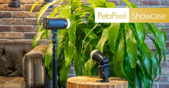 A studio light stands on a tripod next to a black camera flash on a wooden stump, with a large green plant and a brown leather chair in the background. The text "PetaPixel Showcase" appears in the top right corner.