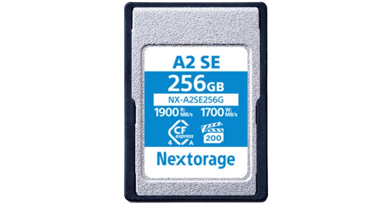 A Nextorage A2 SE 256GB memory card with read speed of 1900 MB/s and write speed of 1700 MB/s, labeled CFexpress, displayed against a white background.
