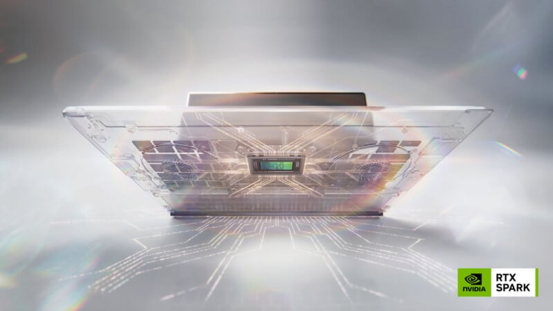 A transparent computer chip with intricate circuits is shown on a bright, futuristic background. The NVIDIA and RTX Spark logos appear in the bottom right corner.
