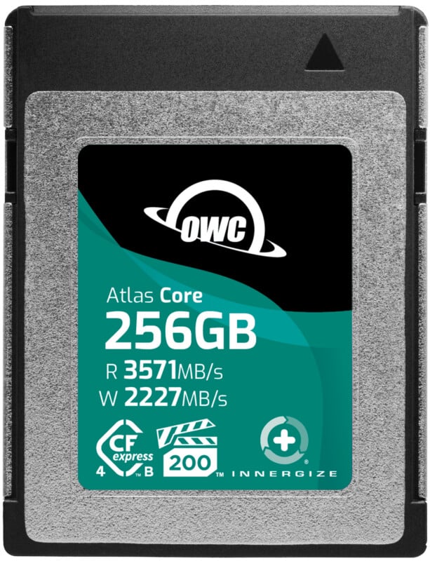 A silver and black OWC Atlas Core 256GB CFexpress memory card. The label shows read speed 3571MB/s, write speed 2227MB/s, and features various icons, including CFexpress 4.0, VPG200, and Innergize.