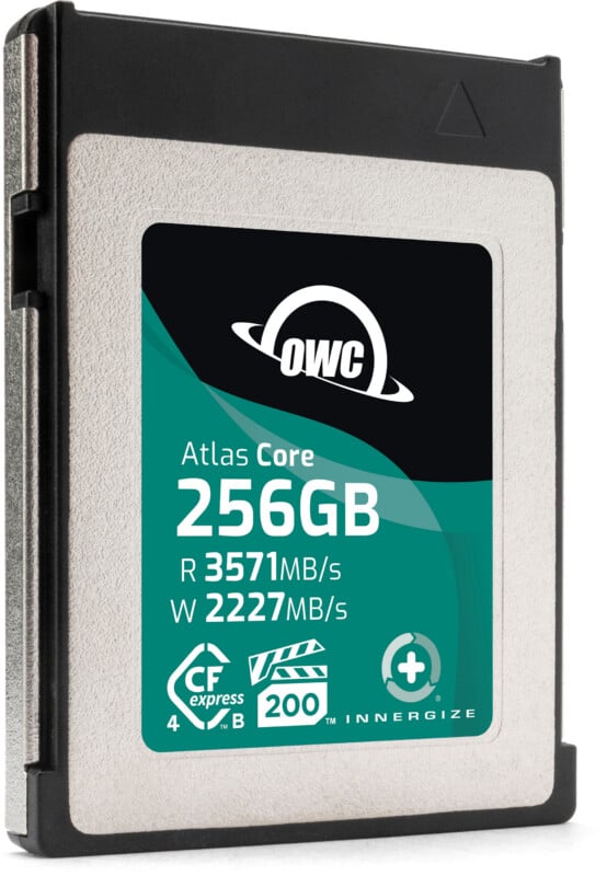 A close-up of an OWC Atlas Core CFexpress memory card with a capacity of 256GB, showing read speed of 3571MB/s, write speed of 2227MB/s, and CFexpress and Innergize logos on the label.