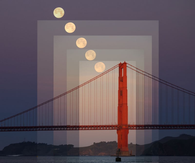 A composite image showing multiple phases of the rising full moon above the Golden Gate Bridge at sunset, with layered translucent rectangles emphasizing the moon’s path over the bridge’s tower.