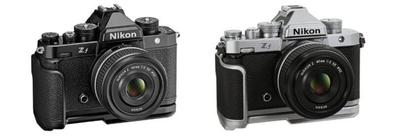 Two Nikon Z fc cameras with attached lenses are shown. One camera is black with silver accents, and the other is mostly silver with black details. Both have a retro design and visible Nikon branding on the front.