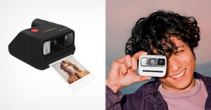Left: A black Polaroid instant camera prints a photo of a person. Right: A smiling person holds a small, compact camera up to their face, as if taking a picture, against a pink background.
