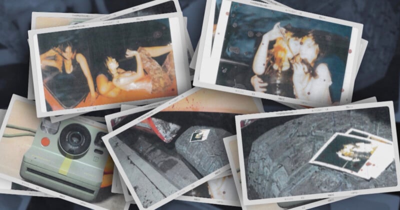 A scattered collage of vintage Polaroid photos shows women posing with a car, a Polaroid camera, and close-ups of tires with photos on them. The images have a faded, retro appearance.