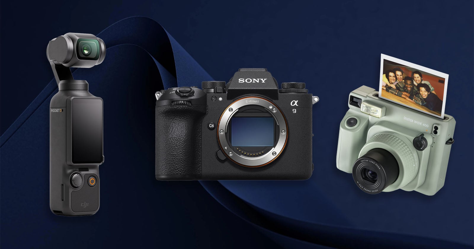 Three cameras on a dark blue background: a DJI Osmo Pocket handheld camera, a Sony Alpha mirrorless camera, and a Fujifilm Instax instant camera with a photo emerging from it.
