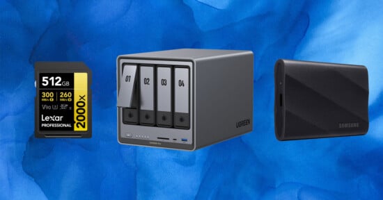 A Lexar 512GB SD card, a Lacie four-bay external hard drive enclosure, and a Samsung portable SSD are displayed on a blue textured background.