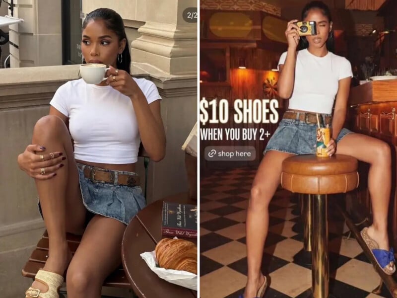 Two images of a woman in a white crop top and denim skirt. In the first, she sips tea outdoors with a croissant and book. In the second, she sits indoors on a stool, taking a photo, with a "$10 shoes" ad on the wall.