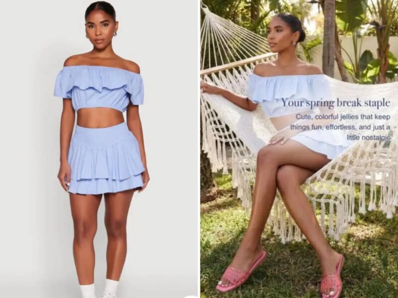 A woman wears a light blue off-the-shoulder crop top and matching skirt. In one image, she stands indoors; in the other, she sits on a hammock outdoors with "Your spring break staple" text overlaid.