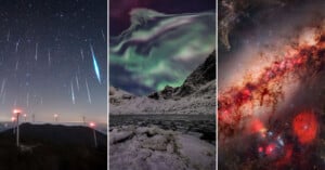 A triptych showing meteor streaks over wind turbines, colorful northern lights above a snowy mountain and icy lake, and a detailed view of a red-tinted galaxy in outer space.