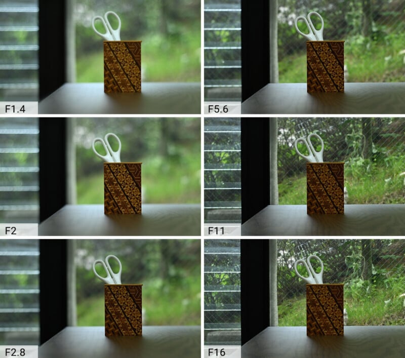 A photo collage shows a pair of scissors in a box on a table near a window. Each image is labeled with a different camera aperture (F1.4, F2, F2.8, F5.6, F11, F16), affecting the background blur.