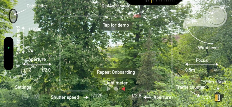 A camera app interface overlays a view of dense green trees. On-screen controls display shutter speed, aperture, ISO, and other camera settings, with buttons like "Tap for demo," "Repeat Onboarding," and "Light meter.