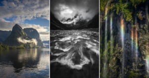 A triptych of landscapes: a calm lake with mountains and mist under a blue sky, a dramatic black-and-white river scene with clouds, and a waterfall cascading down rocks with a faint rainbow.