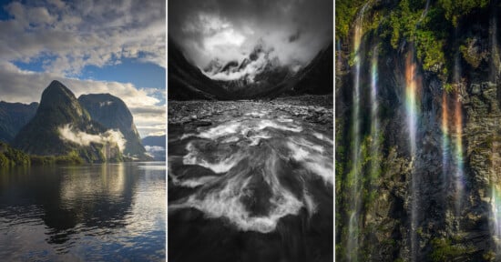 A triptych of landscapes: a calm lake with mountains and mist under a blue sky, a dramatic black-and-white river scene with clouds, and a waterfall cascading down rocks with a faint rainbow.