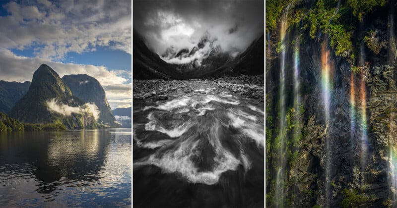  a calm lake with mountains and mist under a blue sky, a dramatic black-and-white river scene with clouds, and a waterfall cascading down rocks with a faint rainbow.