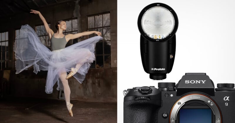 A ballerina in a white tutu dances on pointe in an industrial space. Next to her are product images of a Profoto flash and a Sony Alpha camera.