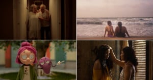 A collage of four images: an elderly couple walking arm-in-arm in a hallway, two people sitting on a beach facing the ocean, two animated characters (one pink-haired, one purple), and two women in an intimate moment indoors.