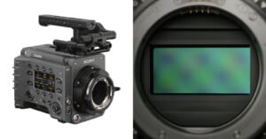 On the left, a professional Sony CineAlta film camera with various buttons and controls; on the right, a close-up view of the camera’s large image sensor.