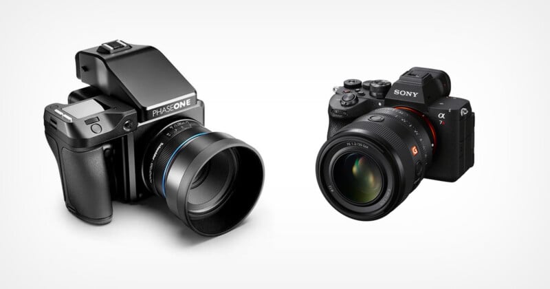  a larger black Phase One medium format camera on the left and a more compact black Sony Alpha mirrorless camera on the right, both with attached lenses.