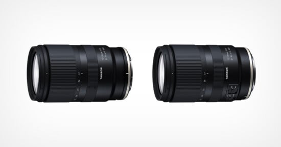 Two black Tamron camera lenses are displayed side by side on a white background, showing different angles and design features, including focusing rings and switches.